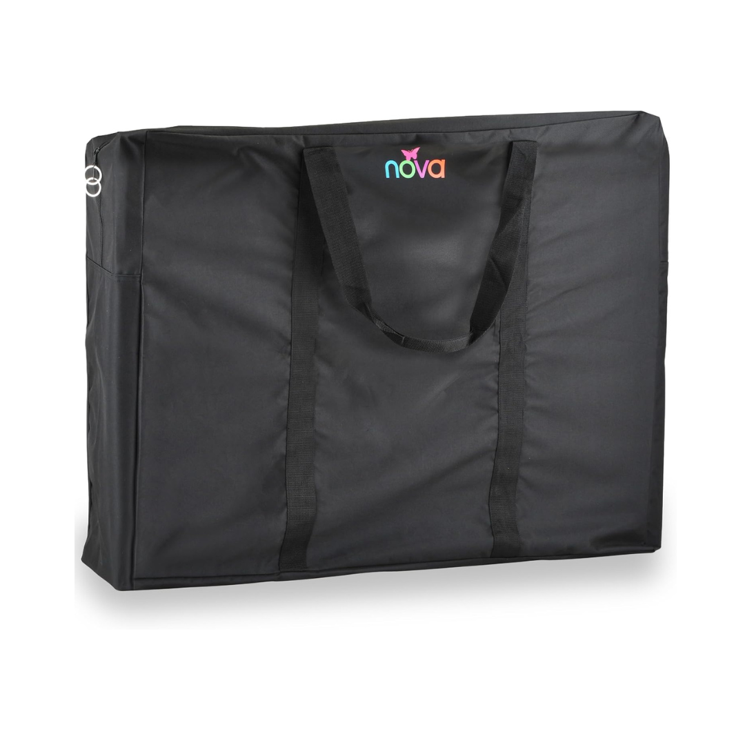 The NOVA XL Storage Travel Bag for Mobility Aids is a large black rectangular bag with two handles and “nova” in colorful letters on the front, ideal for transporting rollators or storing wheelchair accessories.